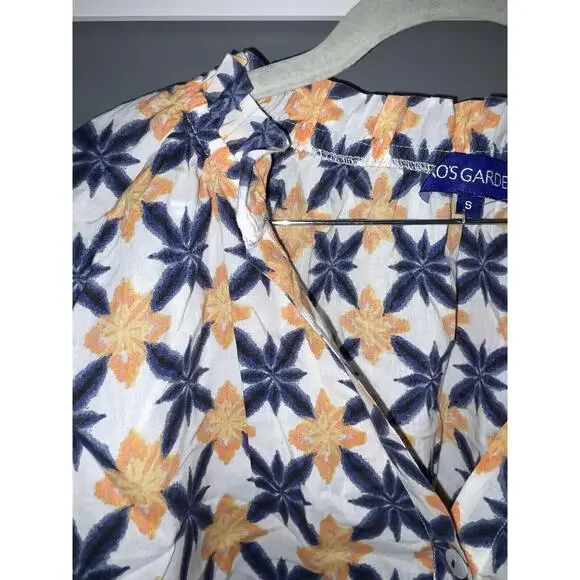 Ro's Garden Blue White Floral Lavinia Rachel Shirt Bell Cuff Block Cotton S - Picture 2 of 9